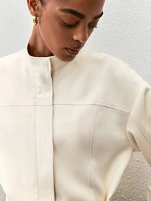 ATUI Studio Women's Cream Belted Stand Collar Jacket - Quiet Luxury, Funnel Neck,Old Money, Minimalist, Office Chic, Fall Winter, Euro Style - Apricot - View 3
