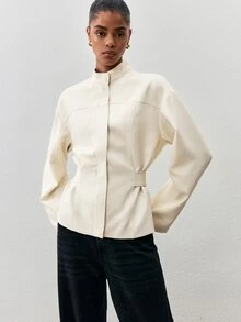 ATUI Studio Women's Cream Belted Stand Collar Jacket - Quiet Luxury, Funnel Neck,Old Money, Minimalist, Office Chic, Fall Winter, Euro Style - Apricot - View 8