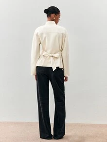 ATUI Studio Women's Cream Belted Stand Collar Jacket - Quiet Luxury, Funnel Neck,Old Money, Minimalist, Office Chic, Fall Winter, Euro Style - Apricot - View 5