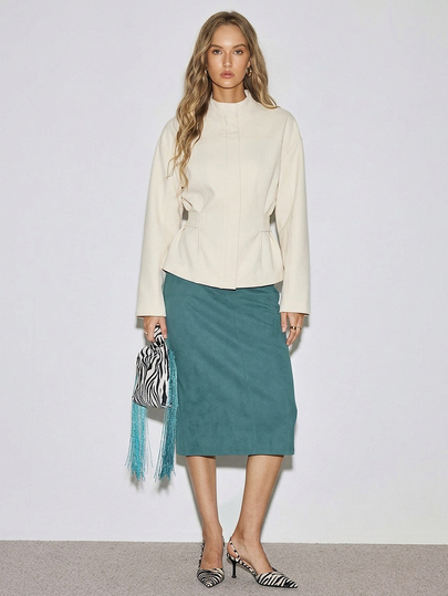 ATUI Studio Women's Cream Belted Stand Collar Jacket - Quiet Luxury, Funnel Neck,Old Money, Minimalist, Office Chic, Fall Winter, Euro Style