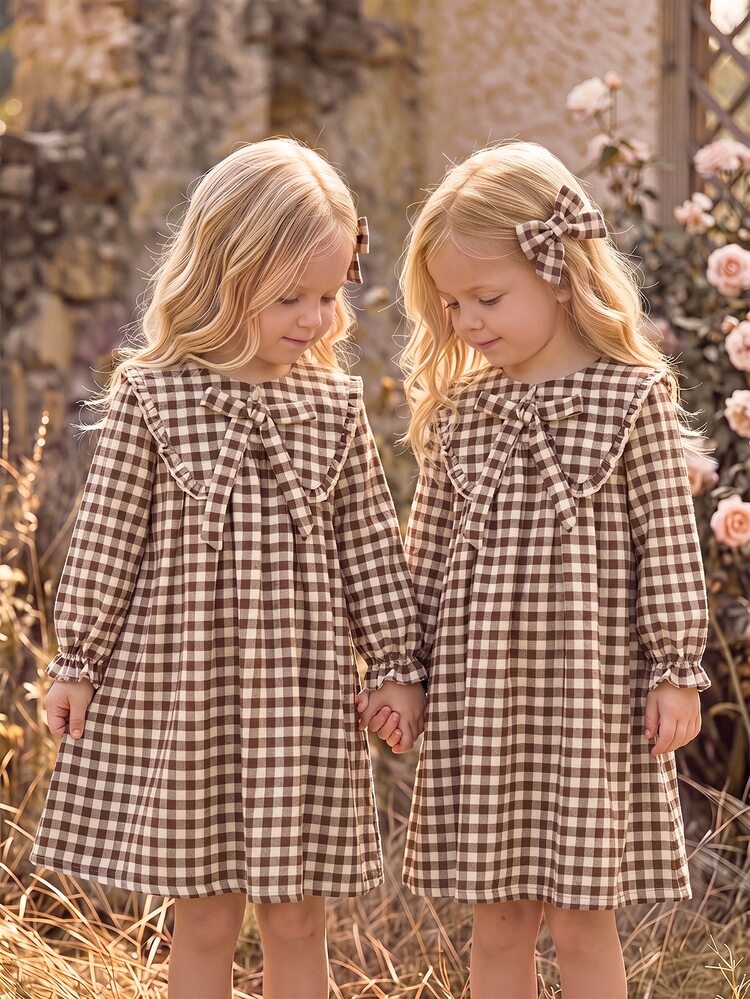 SHEIN Kids Young Girl Young Girls Cute Vacation Casual Apricot Plaid Pattern Bow Long Sleeve Loose Dress Autumn Floral Dress, School ,Back To School,School - Khaki - View 14