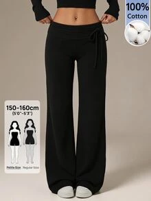 SHEIN PETITE 女款純色側腰綁帶寬腿寬鬆休閒基礎長褲，適合外出、日常、居家、旅行，黑色，上班穿搭，秋季，小個子 - 黑色 - 查看 10