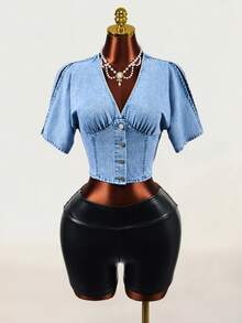 Mistrie V-Neck Short Sleeve Casual Women's Denim Jacket And Outerwear - Blue - View 8