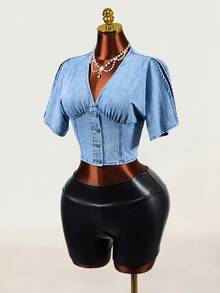 Mistrie V-Neck Short Sleeve Casual Women's Denim Jacket And Outerwear - Blue - View 3