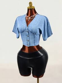 Mistrie V-Neck Short Sleeve Casual Women's Denim Jacket And Outerwear - Blue - View 6