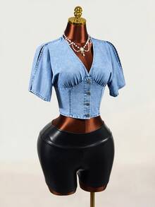 Mistrie V-Neck Short Sleeve Casual Women's Denim Jacket And Outerwear - Blue - View 4