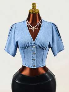 Mistrie V-Neck Short Sleeve Casual Women's Denim Jacket And Outerwear - Blue - View 1