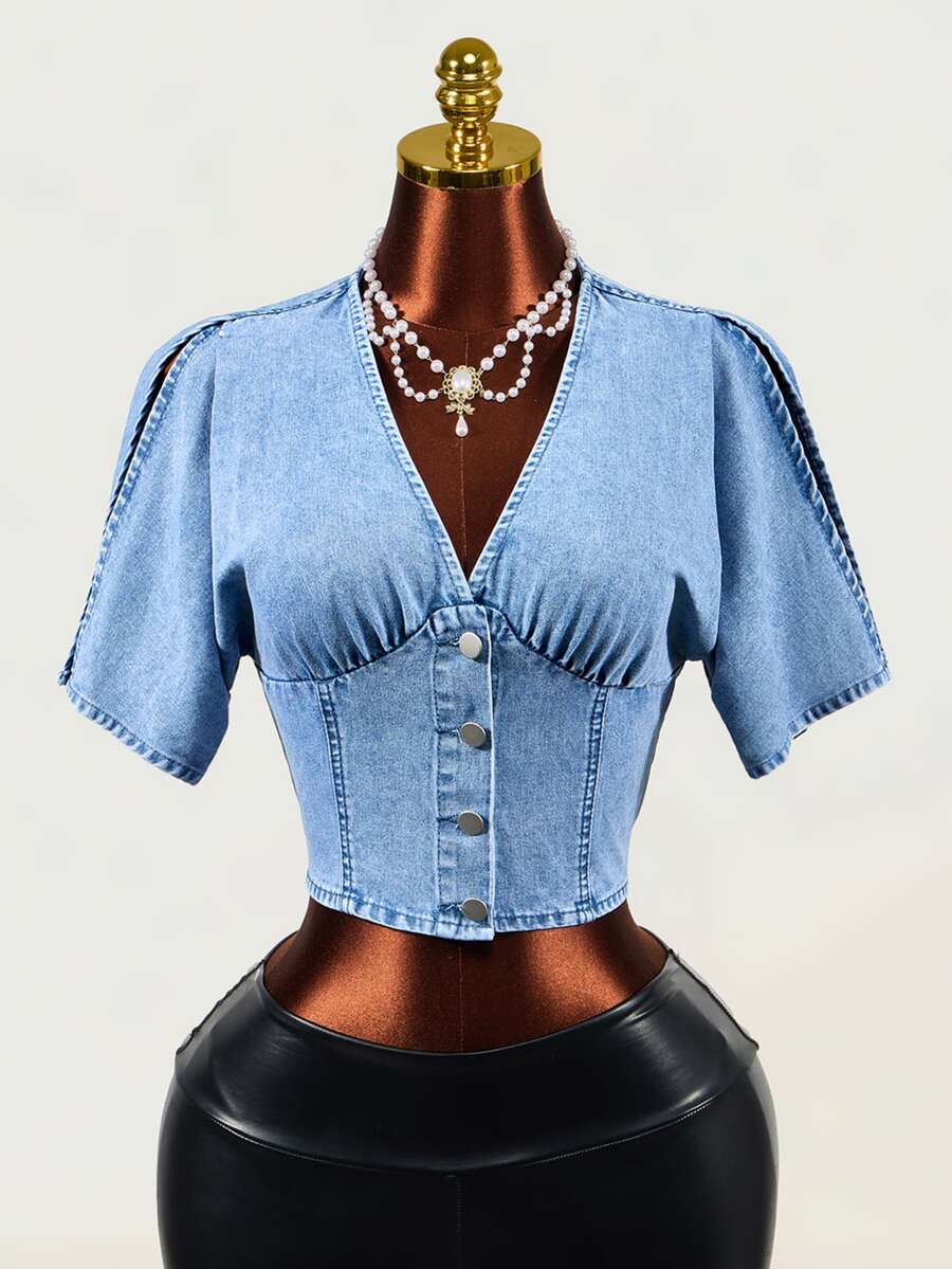 Mistrie V-Neck Short Sleeve Casual Women's Denim Jacket And Outerwear - Blue - View 1