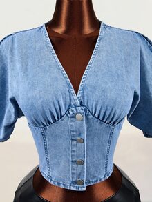 Mistrie V-Neck Short Sleeve Casual Women's Denim Jacket And Outerwear - Blue - View 7