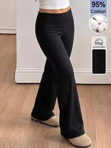 SHEIN Tween女孩黑色腰帶長褲，休閒日常百搭，適合秋冬/四季，校園、度假、街頭穿搭 - 黑色 - 查看 1