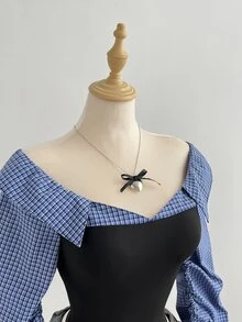 Elamini 女款秋冬藍色格紋與黑色對比針織高彈力拼接方領抓皺長袖收腰修身襯衫，優雅通勤、辦公室、職場、外出、約會、大學、日常穿搭，百搭 - 彩色 - 查看 5