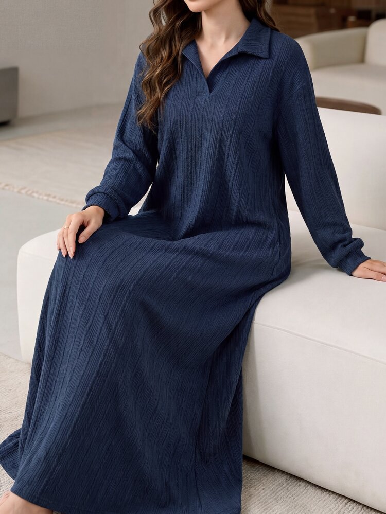 Mulvari Women's Textured Fabric Design Contrast Collar Sweatshirt Dress Brunch Navy Blue Autumn Casual Modest - Navy Blue - View 4