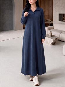 Mulvari Women's Textured Fabric Design Contrast Collar Sweatshirt Dress Brunch Navy Blue Autumn Casual Modest - Navy Blue - View 2