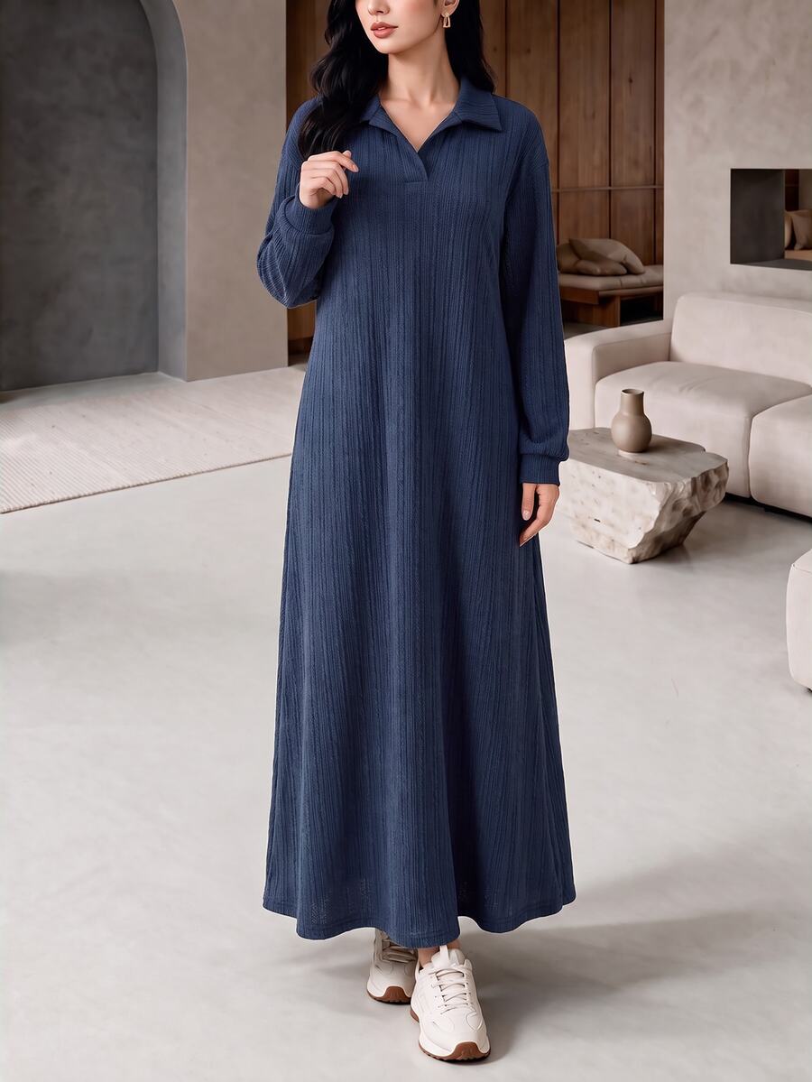 Mulvari Women's Textured Fabric Design Contrast Collar Sweatshirt Dress Brunch Navy Blue Autumn Casual Modest