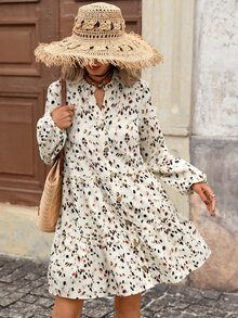 Brillora 女款全印花單排扣拼色休閒波希米亞熱帶風秋冬日常連身裙，米色，度假 - 杏色 - 查看 12