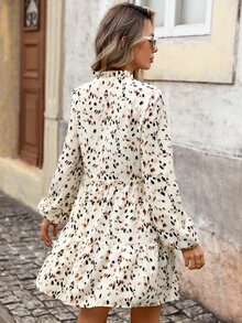 Brillora 女款全印花單排扣拼色休閒波希米亞熱帶風秋冬日常連身裙，米色，度假 - 杏色 - 查看 18