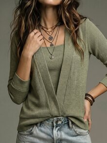 SHEIN LUNE Sweatshirt Rajut Bergaris 2-in-1 Wanita, Atasan Pullover Kasual Lengan Panjang Leher Persegi Warna Hijau Sage Musim Gugur - Hijau Tentara - View 5