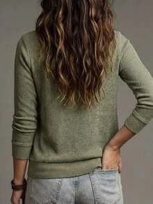 SHEIN LUNE Sweatshirt Rajut Bergaris 2-in-1 Wanita, Atasan Pullover Kasual Lengan Panjang Leher Persegi Warna Hijau Sage Musim Gugur - Hijau Tentara - View 2