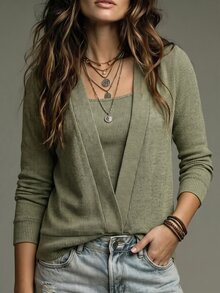 SHEIN LUNE Sweatshirt Rajut Bergaris 2-in-1 Wanita, Atasan Pullover Kasual Lengan Panjang Leher Persegi Warna Hijau Sage Musim Gugur - Hijau Tentara - View 4