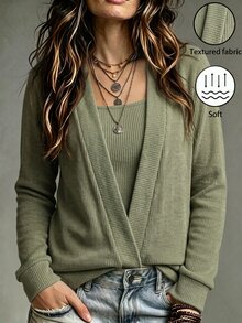 SHEIN LUNE Sweatshirt Rajut Bergaris 2-in-1 Wanita, Atasan Pullover Kasual Lengan Panjang Leher Persegi Warna Hijau Sage Musim Gugur - Hijau Tentara - View 1