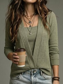 SHEIN LUNE Sweatshirt Rajut Bergaris 2-in-1 Wanita, Atasan Pullover Kasual Lengan Panjang Leher Persegi Warna Hijau Sage Musim Gugur - Hijau Tentara - View 6
