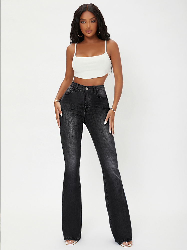 SHEIN EZwear Casual Curvy High Waist Flare Leg Jeans - Dark Grey - View 5