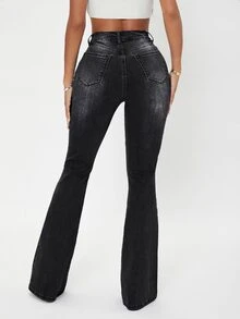 SHEIN EZwear 休闲曲线高腰喇叭腿牛仔裤 - 深灰色 - 查看 2