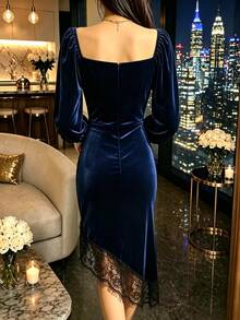 SHEIN Women's Contrast Lace Sweetheart Neck Lantern Sleeve Elegant Sexy Midi Dress Christmas Dinner Cocktail Night Out Navy Blue Fall - Navy Blue - View 2