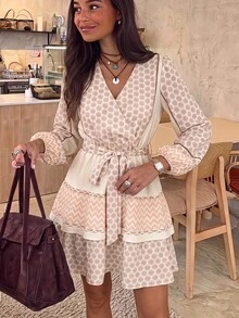 Brillora Women's All-Over Print Single-Breasted Contrast Color Casual Bohemian Tropical Style Autumn/Winter Daily Dress, Vacation Beige - Apricot - View 12