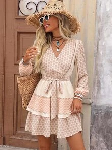 Brillora Women's All-Over Print Single-Breasted Contrast Color Casual Bohemian Tropical Style Autumn/Winter Daily Dress, Vacation Beige - Apricot - View 13