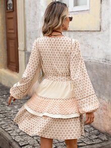 Brillora Women's All-Over Print Single-Breasted Contrast Color Casual Bohemian Tropical Style Autumn/Winter Daily Dress, Vacation Beige - Apricot - View 2
