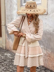 Brillora Women's All-Over Print Single-Breasted Contrast Color Casual Bohemian Tropical Style Autumn/Winter Daily Dress, Vacation Beige - Apricot - View 6