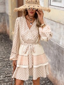Brillora Women's All-Over Print Single-Breasted Contrast Color Casual Bohemian Tropical Style Autumn/Winter Daily Dress, Vacation Beige - Apricot - View 4