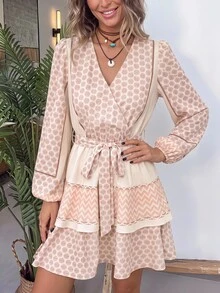 Brillora Women's All-Over Print Single-Breasted Contrast Color Casual Bohemian Tropical Style Autumn/Winter Daily Dress, Vacation Beige - Apricot - View 17