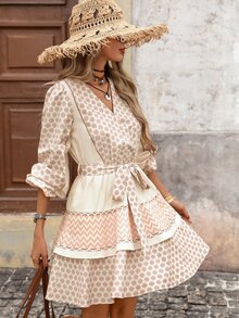 Brillora Women's All-Over Print Single-Breasted Contrast Color Casual Bohemian Tropical Style Autumn/Winter Daily Dress, Vacation Beige - Apricot - View 7