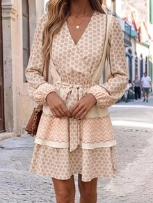 Brillora Women's All-Over Print Single-Breasted Contrast Color Casual Bohemian Tropical Style Autumn/Winter Daily Dress, Vacation Beige - Apricot - View 11