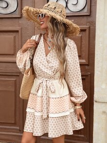 Brillora Women's All-Over Print Single-Breasted Contrast Color Casual Bohemian Tropical Style Autumn/Winter Daily Dress, Vacation Beige - Apricot - View 3