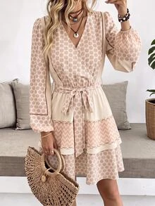 Brillora Women's All-Over Print Single-Breasted Contrast Color Casual Bohemian Tropical Style Autumn/Winter Daily Dress, Vacation Beige - Apricot - View 14