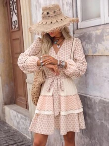 Brillora Women's All-Over Print Single-Breasted Contrast Color Casual Bohemian Tropical Style Autumn/Winter Daily Dress, Vacation Beige - Apricot - View 15