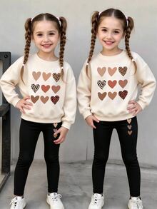 SHEIN Young Girls Casual Baby 9-Grid Heart-Shaped Printed Round Neck Sweatshirt Bottom Pants Autumn School 7th Birthday Kindergarten Brown - Multicolor - View 1