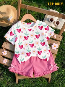 Baby Girls Casual Fresh Minimalist Watercolor Heart Pink Flower Graphic Print Basic Short Sleeve T-Shirt Tops - Multicolor - View 1