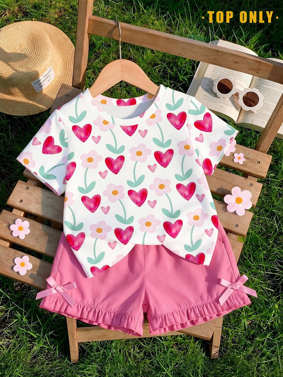 Baby Girls Casual Fresh Minimalist Watercolor Heart Pink Flower Graphic Print Basic Short Sleeve T-Shirt Tops - Multicolor - View 1