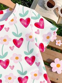 Baby Girls Casual Fresh Minimalist Watercolor Heart Pink Flower Graphic Print Basic Short Sleeve T-Shirt Tops - Multicolor - View 4