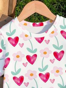 Baby Girls Casual Fresh Minimalist Watercolor Heart Pink Flower Graphic Print Basic Short Sleeve T-Shirt Tops - Multicolor - View 5