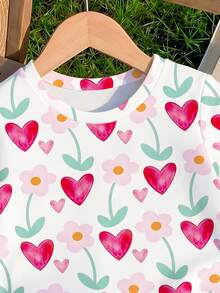 Baby Girls Casual Fresh Minimalist Watercolor Heart Pink Flower Graphic Print Basic Short Sleeve T-Shirt Tops - Multicolor - View 6