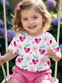 Baby Girls Casual Fresh Minimalist Watercolor Heart Pink Flower Graphic Print Basic Short Sleeve T-Shirt Tops - Multicolor - View 3