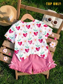 Baby Girls Casual Fresh Minimalist Watercolor Heart Pink Flower Graphic Print Basic Short Sleeve T-Shirt Tops - Multicolor - View 2