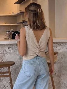 Serisse Twist Backless Sweater Vest,Fall Sweater Summer Casual - Apricot - View 3