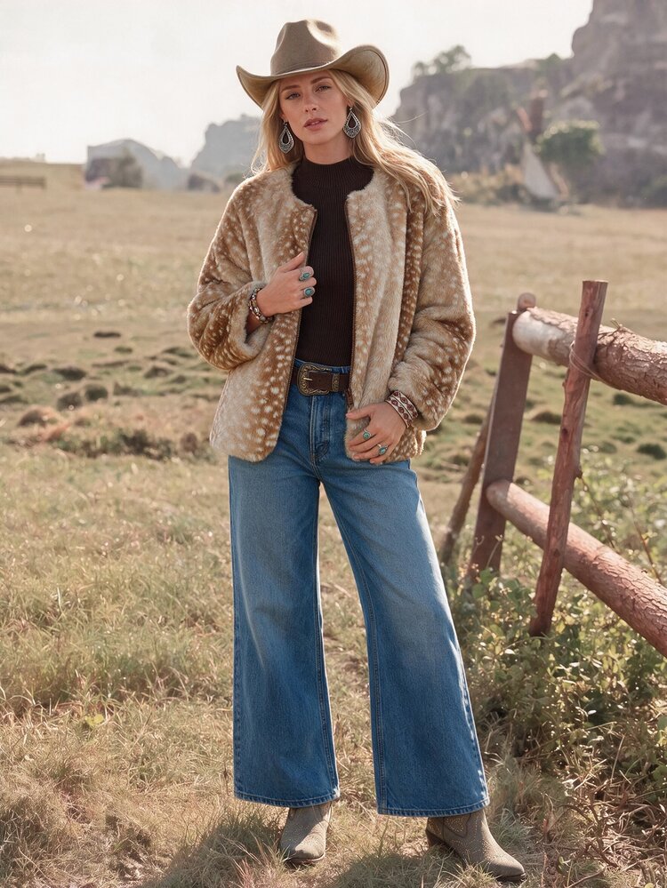 Wildy BOHO Casual Western Country Nomad Women's Autumn/Winter Leopard Print Outfit For Outing And Commuting Regular Jacket - Khaki - View 3