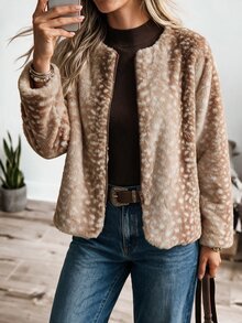 Wildy BOHO Casual Western Country Nomad Women's Autumn/Winter Leopard Print Outfit For Outing And Commuting Regular Jacket - Khaki - View 5